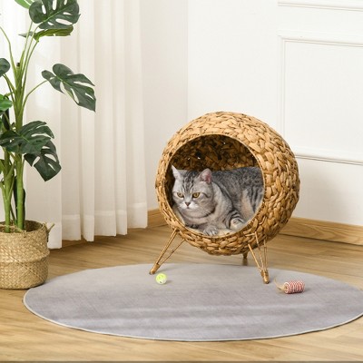 Small Round Beige Wicker Cat House with Cushion