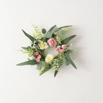Sullivans Artificial Ranunculus Mini Blossom Mini Wreath 14.5"H; Pink