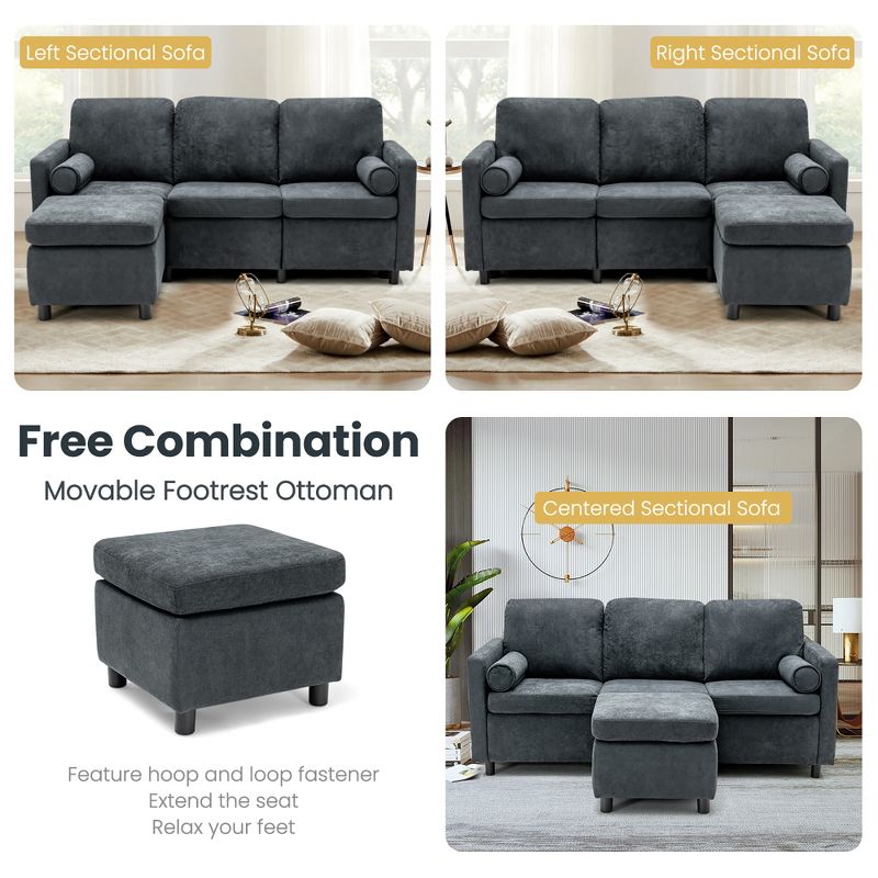 Costway Convertible Sectional Sofa 3 Seat L-Shape Couch Movable Ottoman Toweling Fabric, 5 of 11