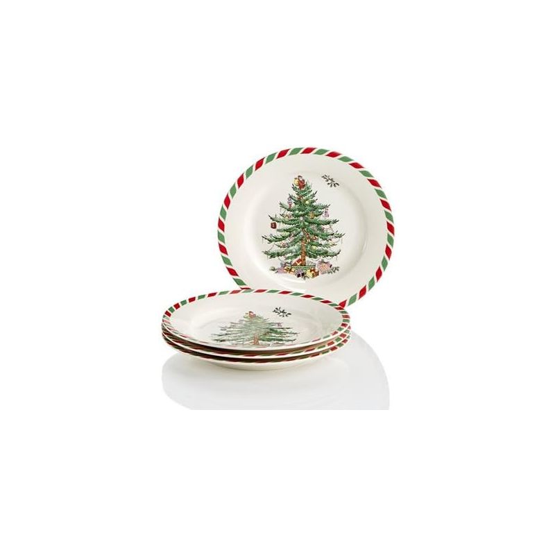 Spode Christmas Tree Collection Set of 4 Appetizer Plates, Candy Cane Border Measures at 8-Inches, Dishwasher and Microwave Safe, 4 of 5