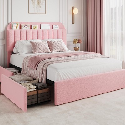 Bed Frame with Storage Headboard, Kids Bed Frame , Boucle Upholstered Platform Bed with Bookcase, No Box Spring Needed, Easy Assembly
