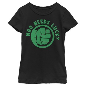 Girl's Marvel St. Patrick's Day Hulk Fist Who Needs Luck T-Shirt - 1 of 4