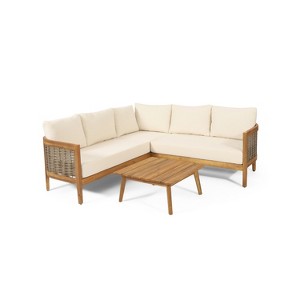 Christopher Knight Home Burchett Outdoor Acacia Wood and Round Wicker 5 Seater Sectional Sofa Chat Set with Cushions, Teak/Beige - 1 of 4