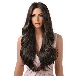 Jessie's Wig 26 Inch Long Wavy Bangs With Wig Middle Part Non Lace Synthetic Hair Brown Highlight 1 Pc/Pack - 1 of 4