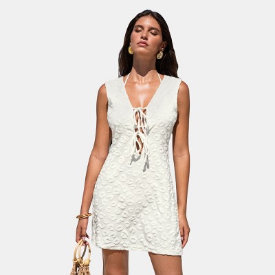 Women's Chic Embroidered Lace-Up Beach Cover-Up Mini Dress - Cupshe