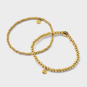 Tiny Tags 14K Gold Ion Plated with Brown Enamel Paw Print Beaded Stretch Bracelet Set - Gold - 1 of 4