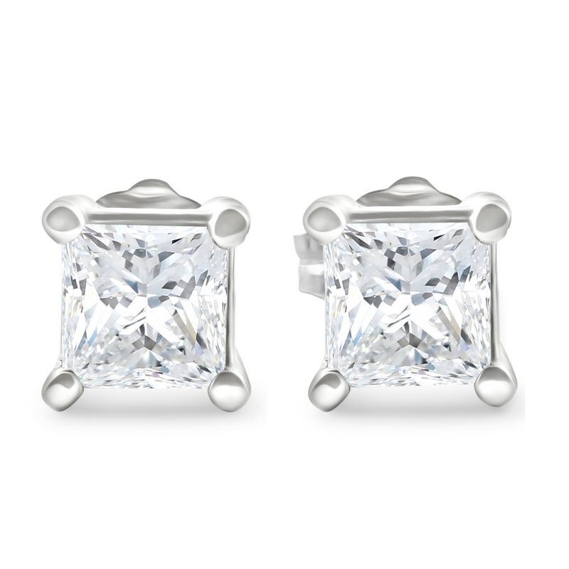 Pompeii3 1 1/4Ct Princess Cut Diamond Studs in 14k White or Yellow Gold Lab Created, 1 of 4