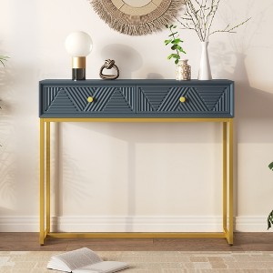 Whisen Modern Stripe Design Console Table with Two Drawers and Metal Legs - 1 of 4