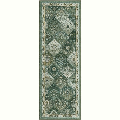 Green and Beige Synthetic Runner Rug with Traditional Design
