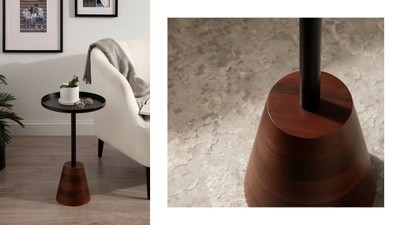 Walnut Brown and Brass Round Side Table with Wood Base