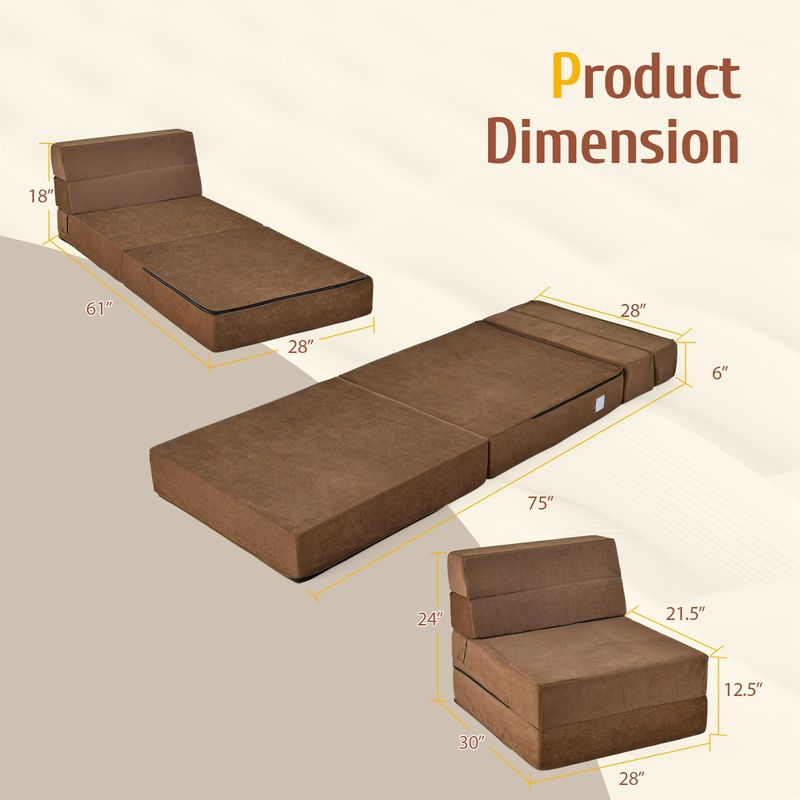Costway Tri-Fold Fold Down Chair Flip Out Lounger Convertible Sleeper Bed Couch Dorm Brown, 3 of 11