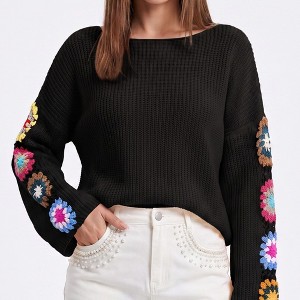 Anna-Kaci Women's Crochet Floral Sleeve Knit Pullover Sweater with