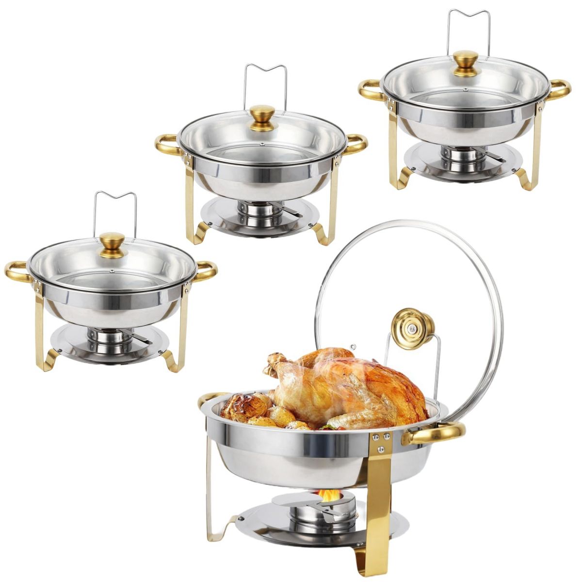 Chafing Dishes, 5QT Buffet Servers, Round Catering Food Warmers Stainless Steel Chafing Dish Buffet Set with Glass Lid & Lid Holder, 4 Packs