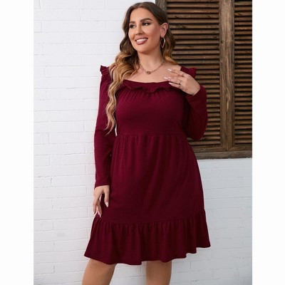 YesFashion Women's Plus Size Dress Casual Long Sleeve Ruffle Trim Dress Square Neck Elastic High Waist Belted Midi Dress