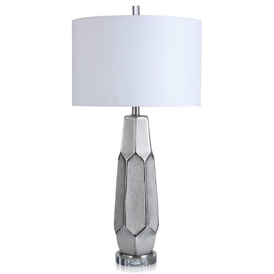 StyleCraft Zara Carved/Textured Ceramic Table Lamp with Shade Silver/White : Geometric, Crystal Base, UL Listed