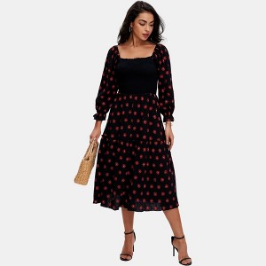 Knit & Lounge Women’s Smocked Bodice Midi Dress Long Puff Sleeves Floral Print Square Neck Ruffle Cuff - 1 of 4