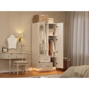 2-Door Storage Cabinet with Full-Length Mirror - Wooden organizer with hanging rods & 2 drawers, stable for bedroom or living room. - 1 of 4