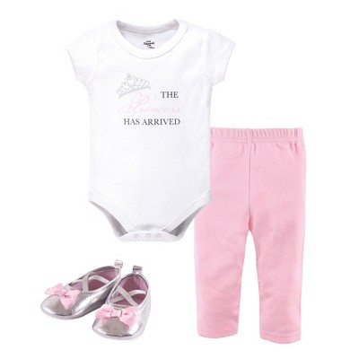 Little Treasure Baby Girl Cotton Bodysuit, Pant and Shoe 3pc Set, Princess