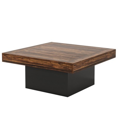 35.4in Farmhouse Square LED Coffee Table ¨C Rustic Brown Modern Center Table Top & Black Base, Low Cocktail Table for Living Room Entertainment