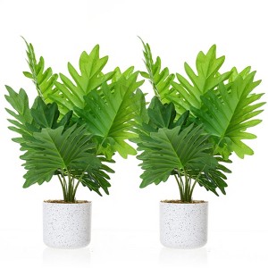 17.7" Artificial Philodendron Plant in Pot, 2 Faux Tropical Leaves with Cement Moss Base for Indoor Decor - 1 of 4