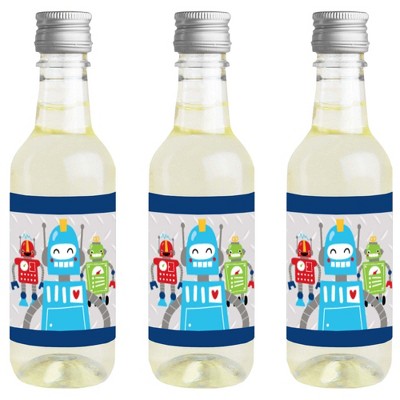 Big Dot of Happiness Gear Up Robots - Mini Wine and Champagne Bottle Label Stickers - Birthday Party or Baby Shower Favor Gift - Set of 16