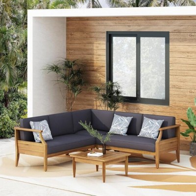 4-Piece Mid-Century Modern Outdoor Sofa Set,Acacia Wood Sectional With Water-Resistant Cushions-Maison Boucle