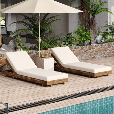 Acacia Wood Outdoor Reclining Lounge Chair Set (2-Piece) with Water-Resistant Cushions