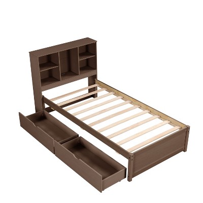 NicBex Twin Size Platform Bed Frame with Built-in USB Ports,Bookcase Headboard and 2 Drawers for Adults/Boys/Girls