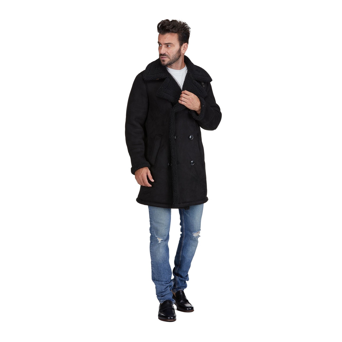 Мужское пальто Braveman Faux Shearling Double Breasted Overcoat, Brown, Small, цвет: Чёрный — фото 3
