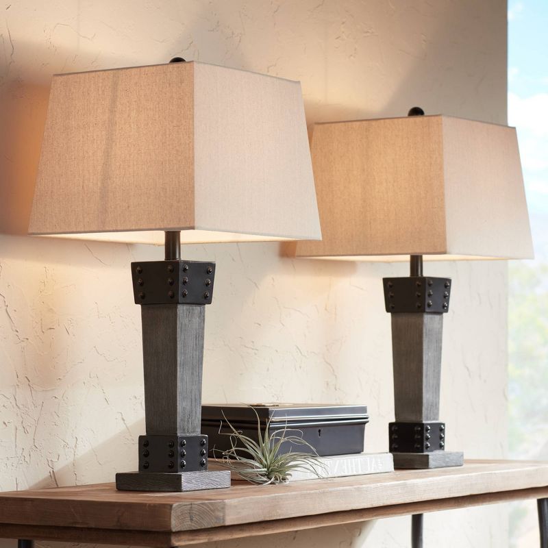 John Timberland Jacob Industrial Rustic Table Lamps Set of 2 26" High Gray Faux Wood with Dimmers LED Rectangular Shade for Bedroom Living Room House, 2 of 10