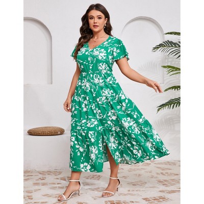Plus Size Split Layered Hem Fake Button Short Sleeve Summer Maxi Dress