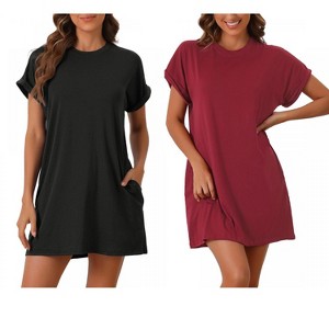 cheibear Women's Short Sleeve Round Neck Soft Night Dress with Pocket - 1 of 4