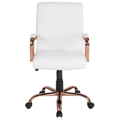 Mid-Back White LeatherSoft Swivel Executive Chair with Rose Gold Metal Frame