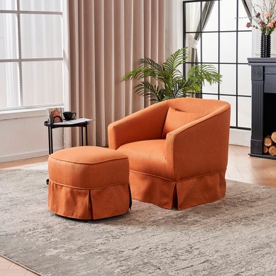 TiramisuBest Swivel Barrel Chair with Ottoman, 360° Rotating Modern Accent Chair w/ Black Metal Base for Living Room/Bedroom (Orange)