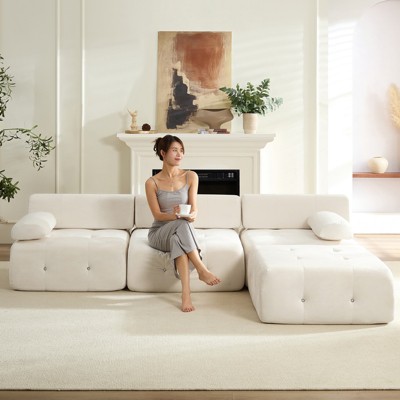 Mjkone L-Shaped Velvet 3-Seater Modular Sectional Sofa With Ottoman, Convertible Sofa Couches with Rivet Trim