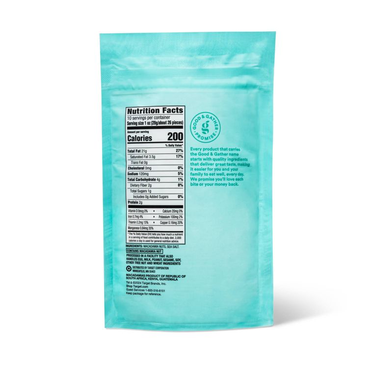 A turquoise colored package displaying nutrition facts and text about quality ingredients, with a focus on 200 calories per serving.