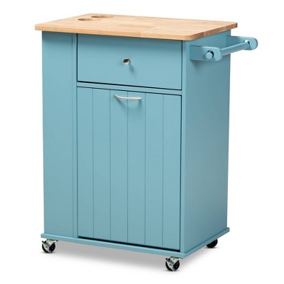 Liona Sky Wood Kitchen Storage Cart Blue/Natural - Baxton Studio