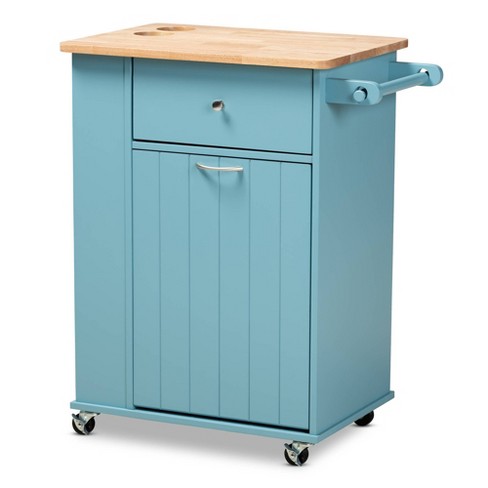 Liona Sky Wood Kitchen Storage Cart Blue natural Baxton Studio