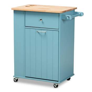 Liona Sky Wood Kitchen Storage Cart Blue/Natural - Baxton Studio