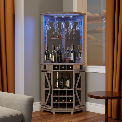 OKD 72" Corner Bar Storage Cabinet, Tall Wine Bar Cabinet w/Barn Door & Adjustable Shelf, Home Bar Cabinet w/LED Light & Glass Rack
