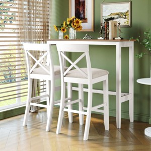 3-Piece Farmhouse Solid Wood Bar Table Set with Upholstered Chairs, 47.5" Space-Saving Breakfast Nook for Kitchen Dining Room-3irtyhousy - 1 of 4