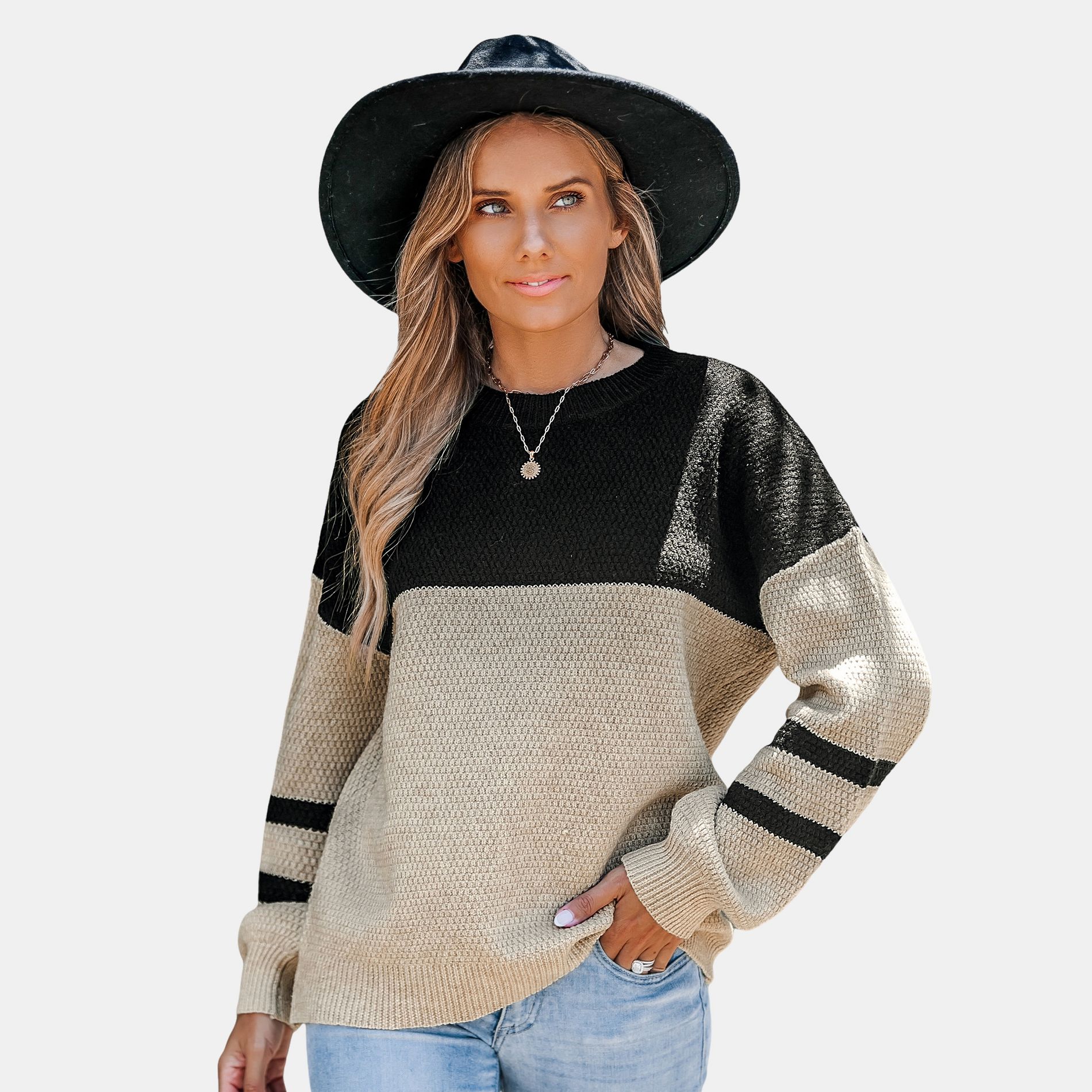 Women's Chic Color Block Black and Beige Knit Sweater - Cupshe