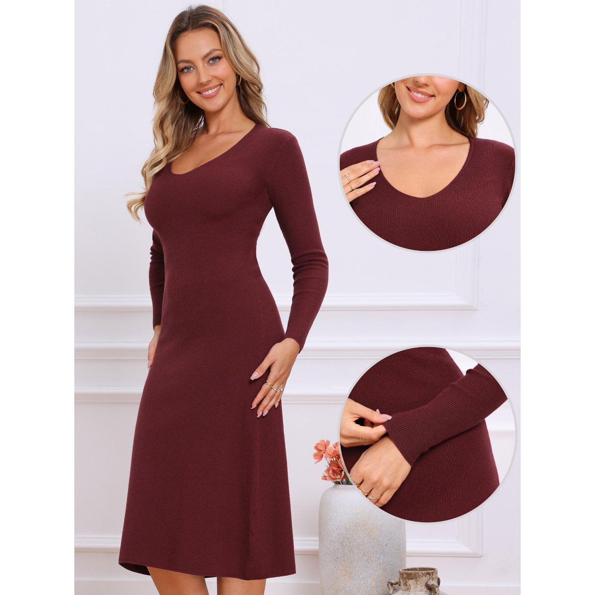 Женские платья INSPIRE CHIC Women's V Neck Long Sleeve Ribbed Knit Midi Sweater Dresses X-Small Burgundy 2 Packs Burgundy/Beige X-Large — фото 2
