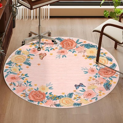 4x4 Round Pink Rug, Machine Washable Non-Slip Floral Accent Carpet for Living Room, Bedroom, Kids Room, Stain-Resistant Easy-Clean Indoor Floor Mat
