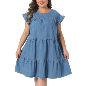Women's Plus Size Crew Neck Ruffle Sleeve Babydoll Flowy Swing Pleated Summer Casual Midi Jean Denim Dresses with Pockets- Agnes Orinda - 1 of 4