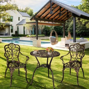 3 Piece Outdoor Bistro Set, Cast Aluminum Patio Table and Chairs Set of 2, All-Weather Bistro Table Set with Umbrella Hole for Backyard, Balcony, - 1 of 4