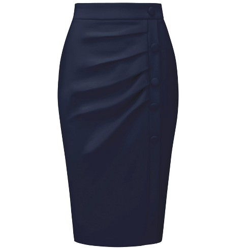 Hobemty Women's Pencil Skirt High Waist Pleated Front Work Midi Skirts Dark  Blue Small