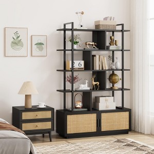 5 Tier Rattan Bookshelf with Storage Cabinet & Door, 71.1 Inch Tall Industrial Book Shelf with Open Display Shelves, 5 Shelf Bookcase with Metal Frame - 1 of 4