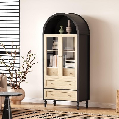70" Tall Arched Cabinet with LED Lights - Kitchen Pantry, 3 Drawers, 2 Glass Doors, Adjustable Shelf, Arched Bookshelf for Living Kitchen Dining Room