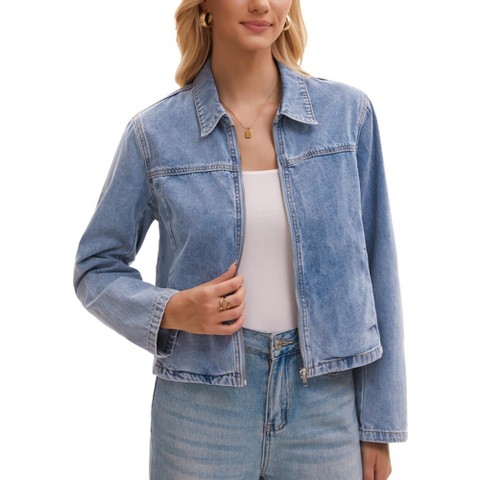 INSPIRE CHIC Women's Long Sleeve Turndown Collar Pockets Lightweight Denim Cropped Bomber Jackets Large Light Blue